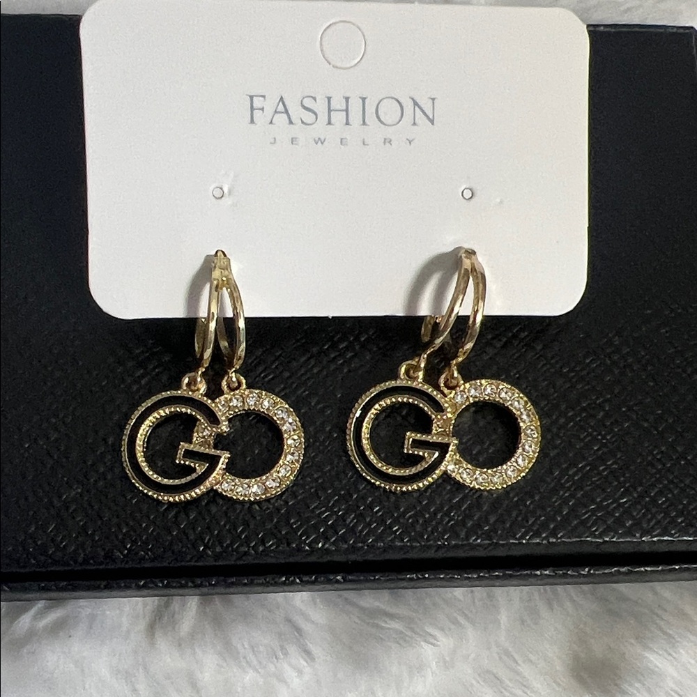 Fashion Jewelry Gold Crystal Interlocking Hoop Charm Earrings